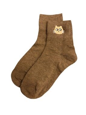 Cute Cat Embroidered Low Crew Socks Heather Brown Womens One Size